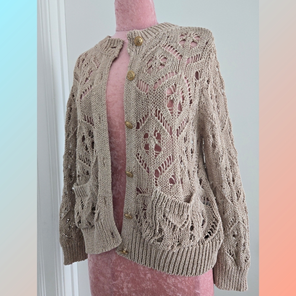 Zara Crochet Neutral Tan Boho Cotton Blend Cardigan Size M
